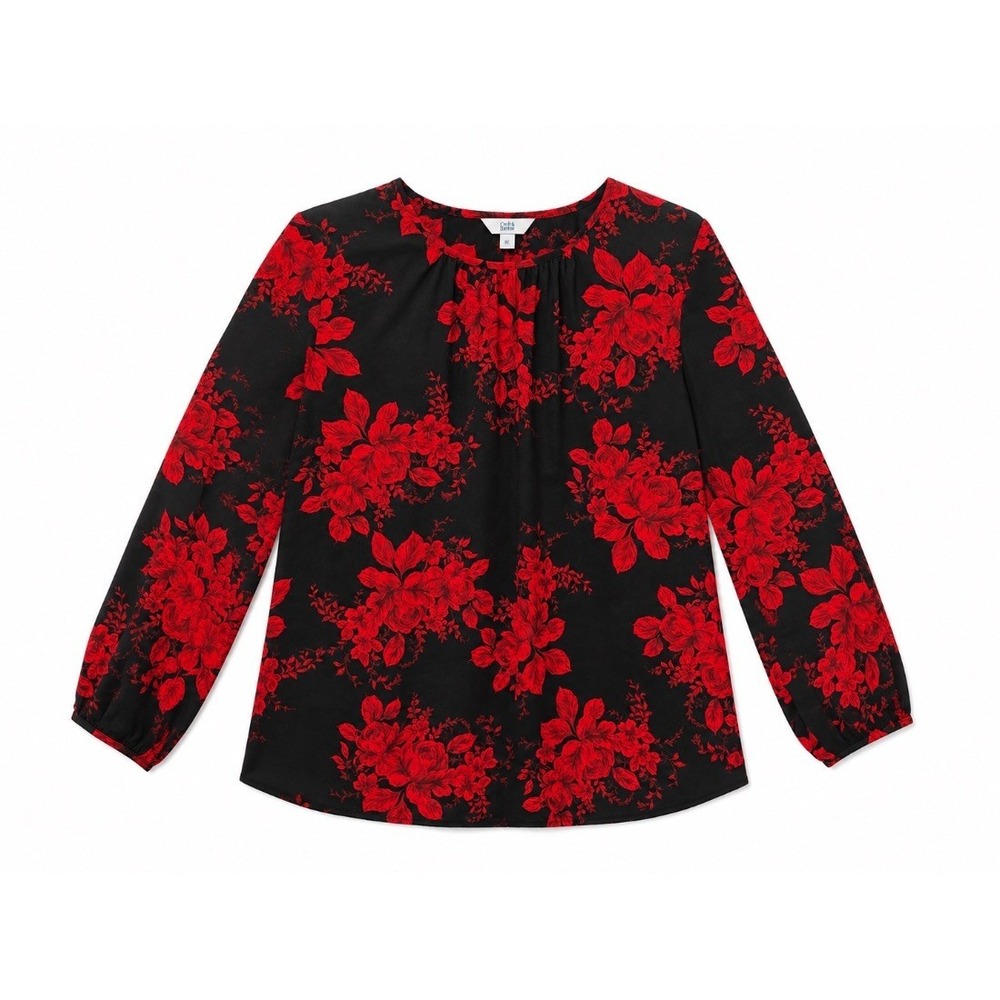 Croft Barrow Womens Blouse Topโ Black Red Floral Long Sleeve Pullover XL